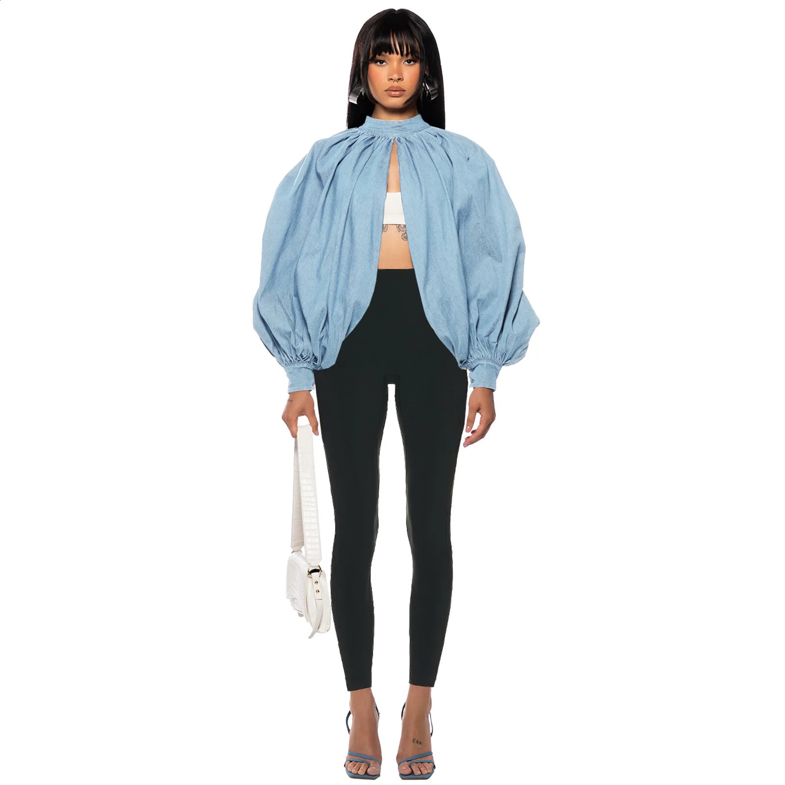Get Spring womens denim jacket 2024 spring stand up batwing sleeves backless loose casual short top 250319