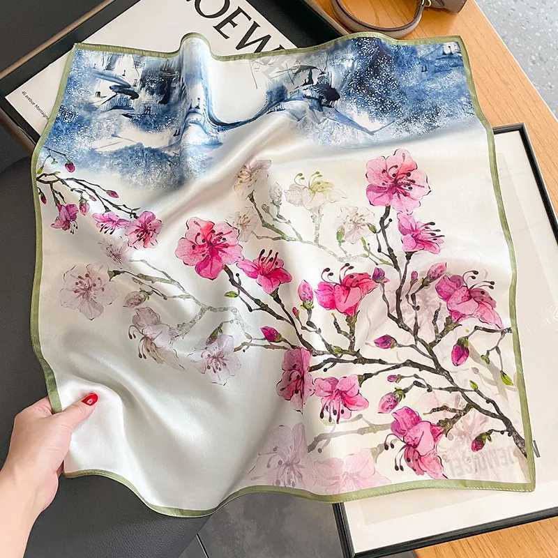 53cm natural silk scarf with collar and collar foard Bandana small hair fashionable floral tie for women 2024 new item X250319