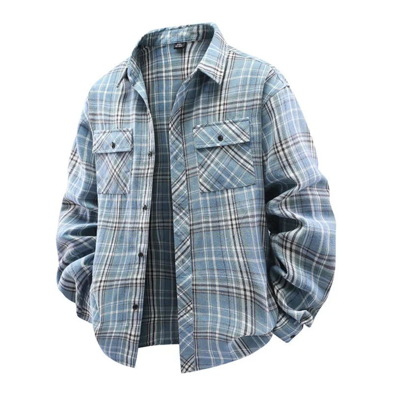 Mens Plaid Long Sleeve Shirt Streetwear Versatile Minimalist Style Thin Casual Loose Fit Work Shirt with Dual Chest Pockets 250314