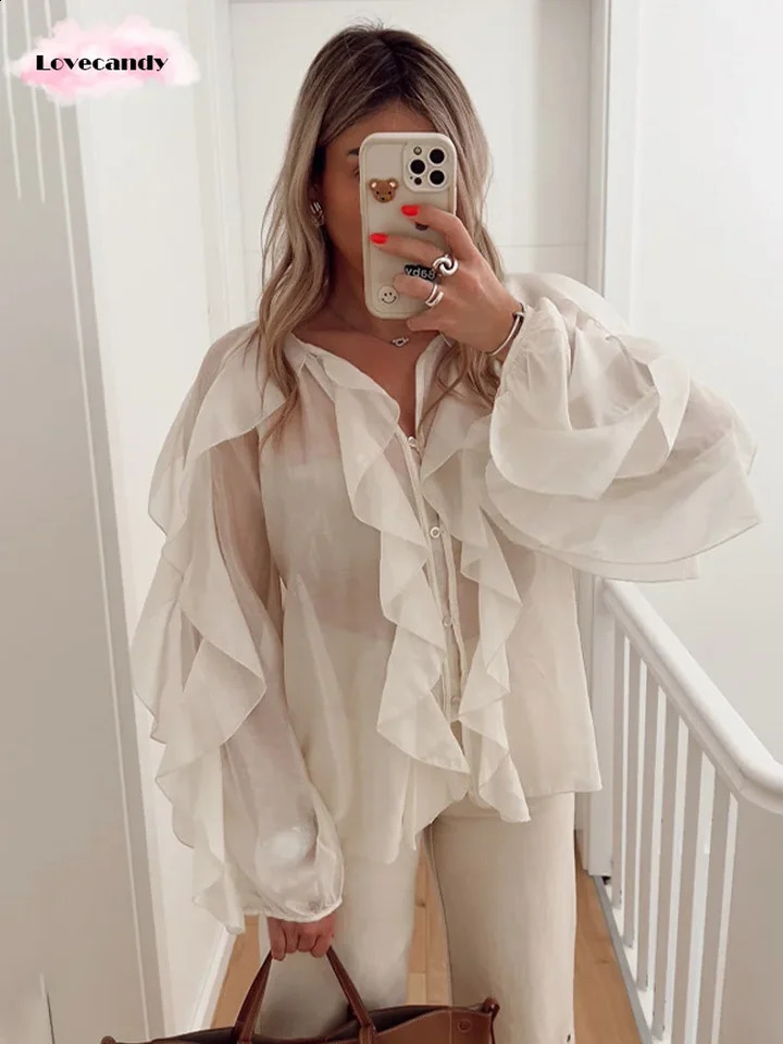 mesh pleated fringe patch work shirt womens fashionable pink V-neck lantern sleeve top summer loose high street outfit 250318