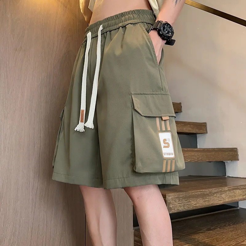Mens Cargo Shorts Solid Color Multiple Pockets Short Pants Summer Elastic Waistband Drawstring Casual Men 250319