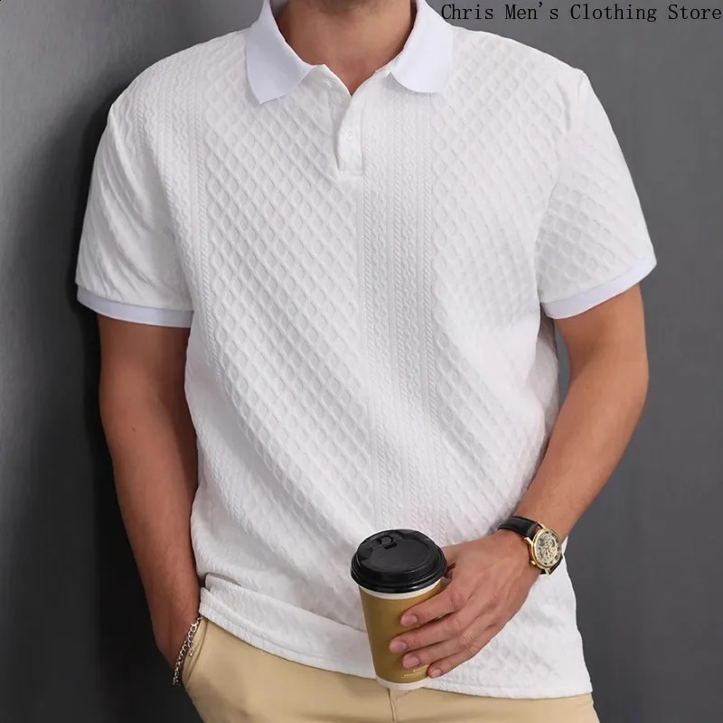 Mens golf jacquard lapel polo shirt solid color business mens polo shirt casual office mens clothing 250317