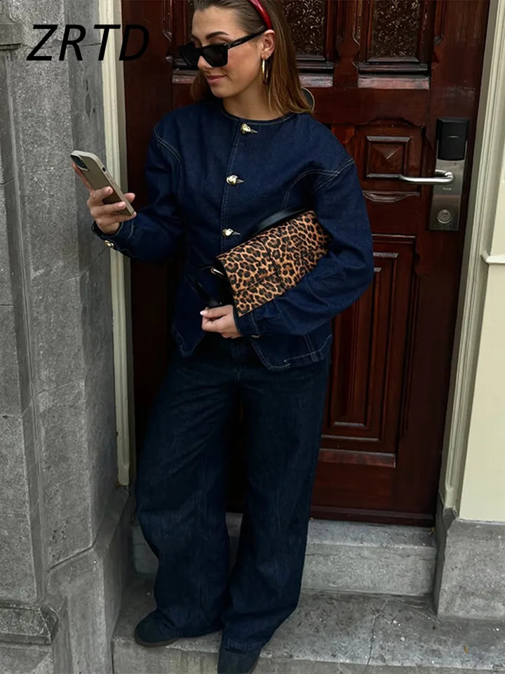 Vintage Denim Jacket Pants Sets Women Slim Spliced O-neck Button Jackets Wide Leg Jeans 2025 Spring Lady Elegant Casual Outfits 250319
