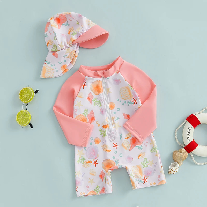 1-5T Toddler Girls Rash Guard Swimsuit with Hat 2 Pcs Set Shell Pattern Zip Up Long Sleeve Crew Neck Baby Girls Swimwears 250319