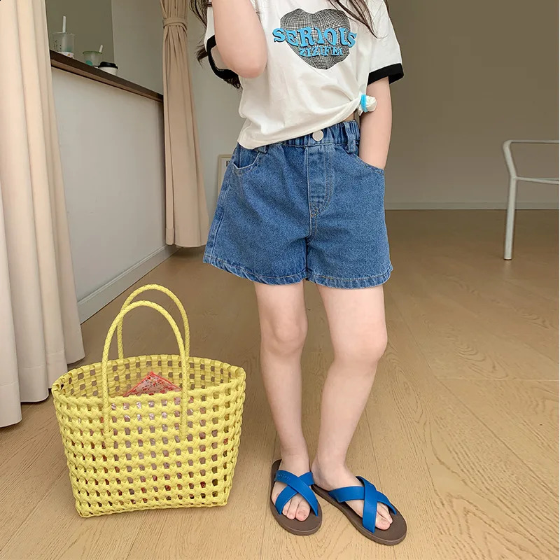 Summer 2025 Kids solid color denim shorts fashion Girls all-match casual shorts 250319
