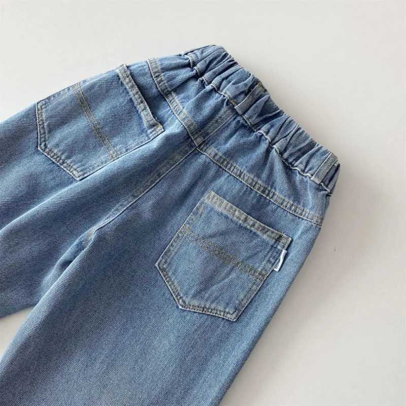 2024 Autumn New Childrens Jeans Contrast Color Side Boys Straight Cowboy Trouthers Girls Loose Casual PantsT250318