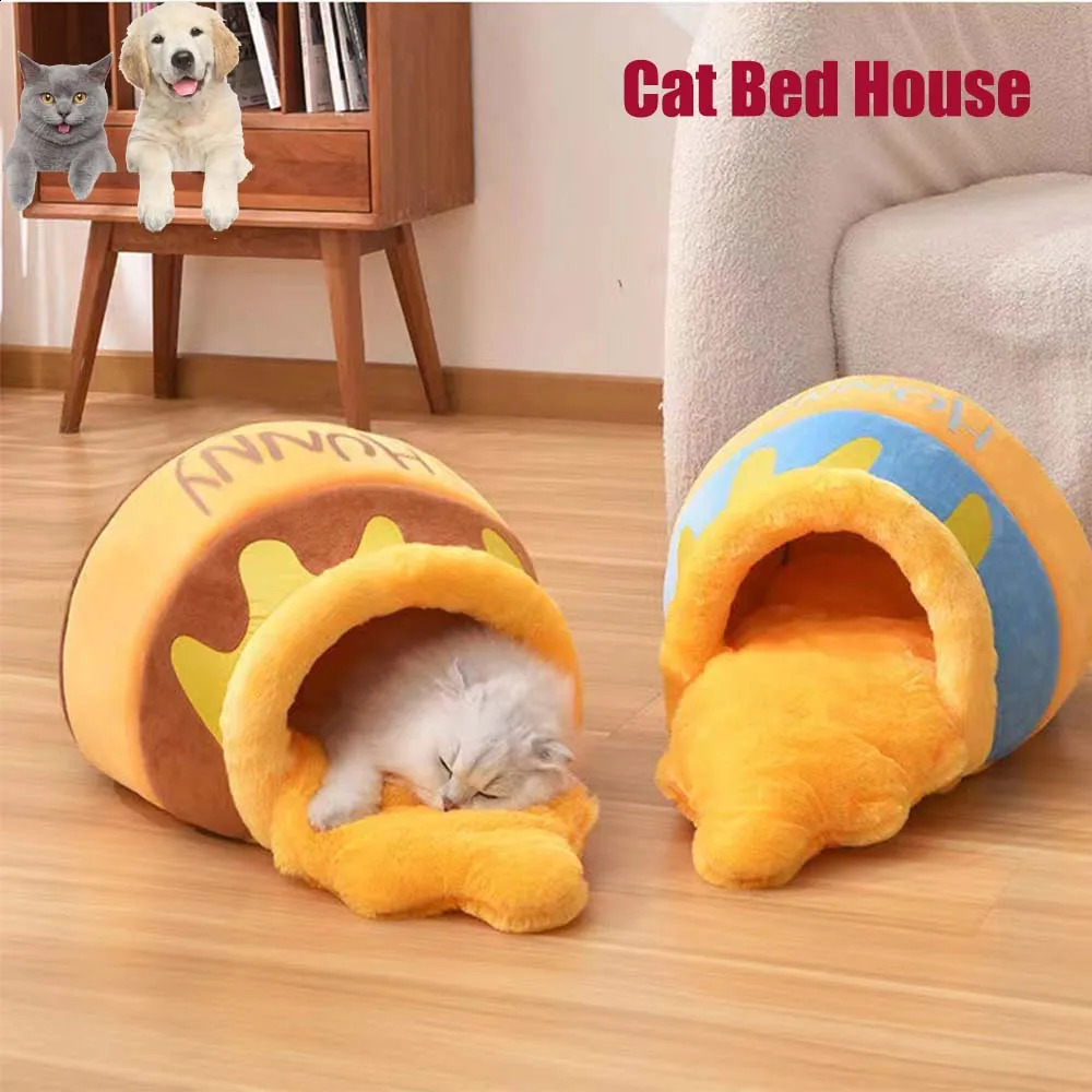 Cute cat bed plush cartoon warm pad basket honey can shaped cave pet house mini dog rabbit net 250312