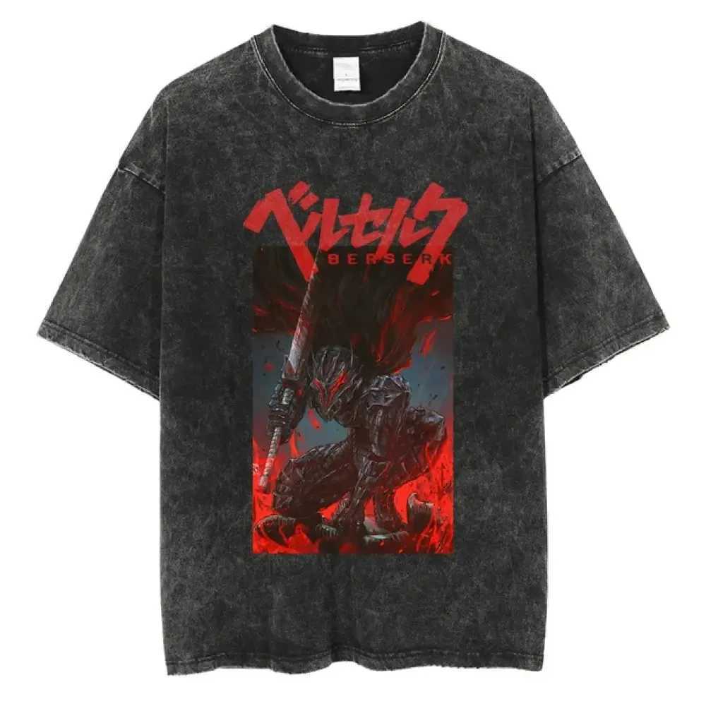 Mens Washing T-shirt Fury Anime T-shirt Guts Skeleton Knight Graphic Printing T-shirt Cotton Short Sleeve Neutral Street Clothing 2024T250318