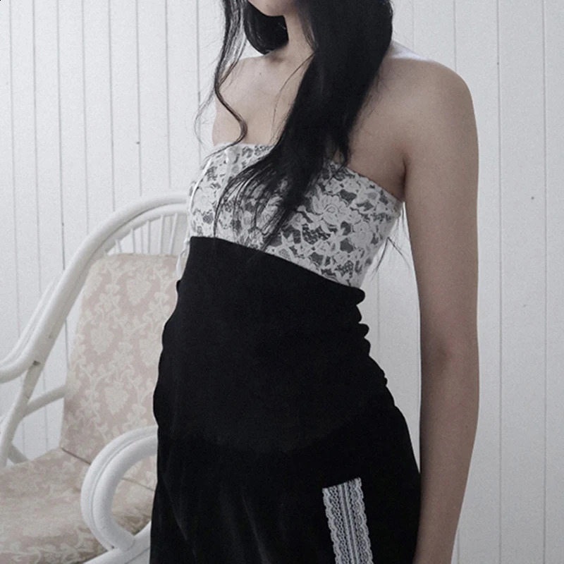 IAMTY Contrast Lace Splicing Tube Top Coquette Aesthetic Strapless Crop Cute Bow Decorative Jar Y2K Sexy Womens Tank 250319