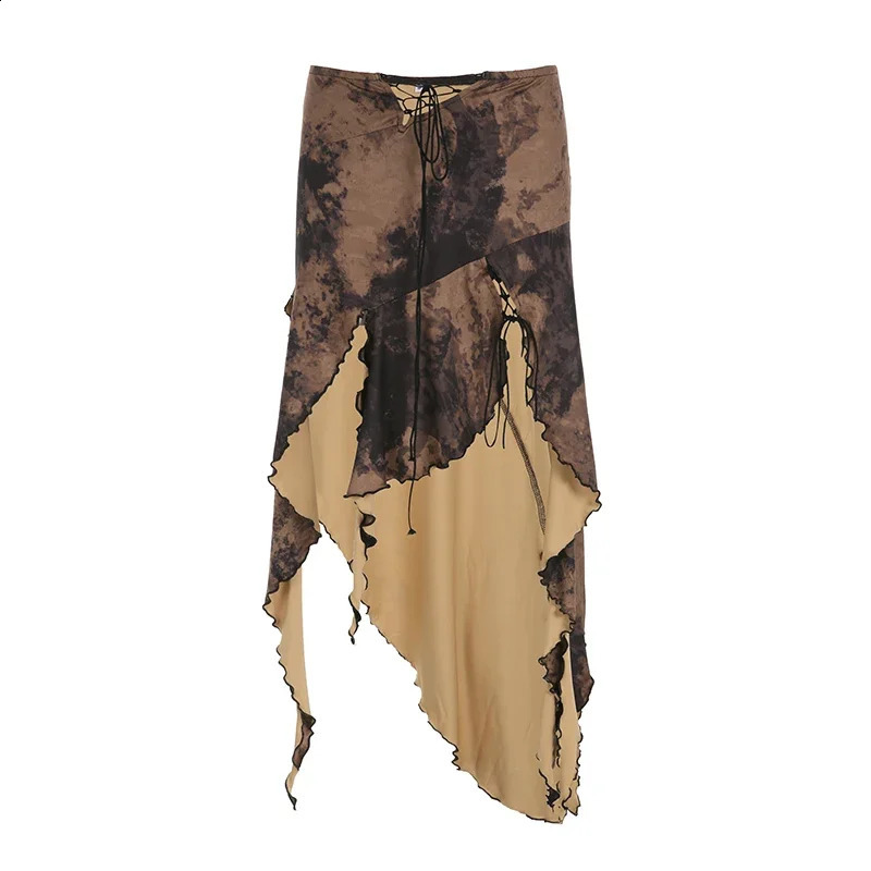 Y2K Printed Mini Skirts Lace Up Ruffles Vintage Beach Sexy Skirts Women Party Asymmetrical Bohemian Vintage Skirts Chic 250313
