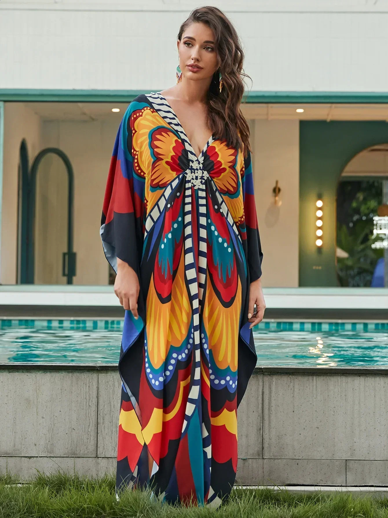 Womens ethnic printed Kaftan beach dress swimsuit plus size coverage suit 250318