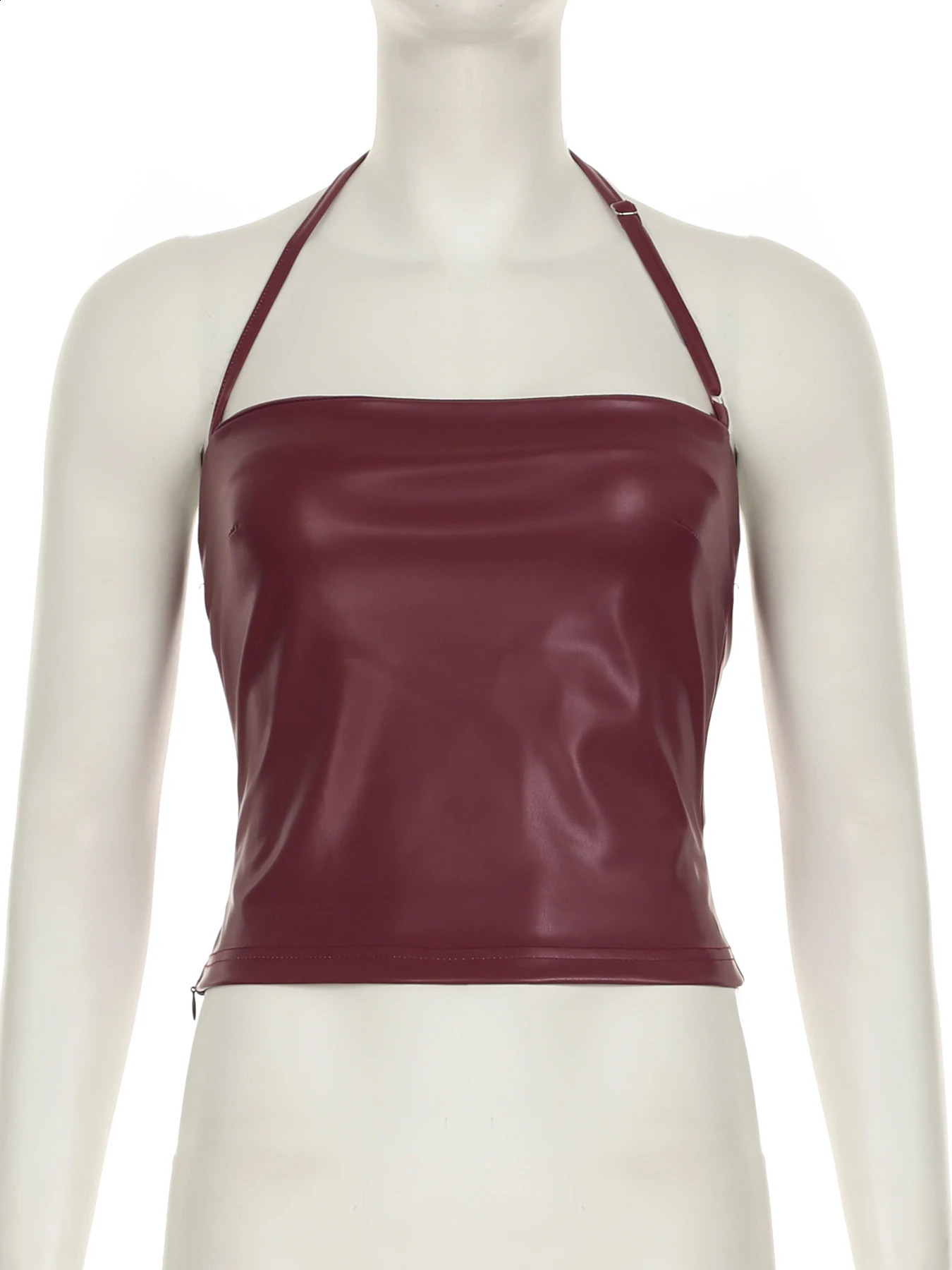 IAMSURE Sexy Pu Leather Halter Tops Slim Solid Slash Neck Sleeveless Crop Top 2025 Summer Fashion Streetwear Tank 250319