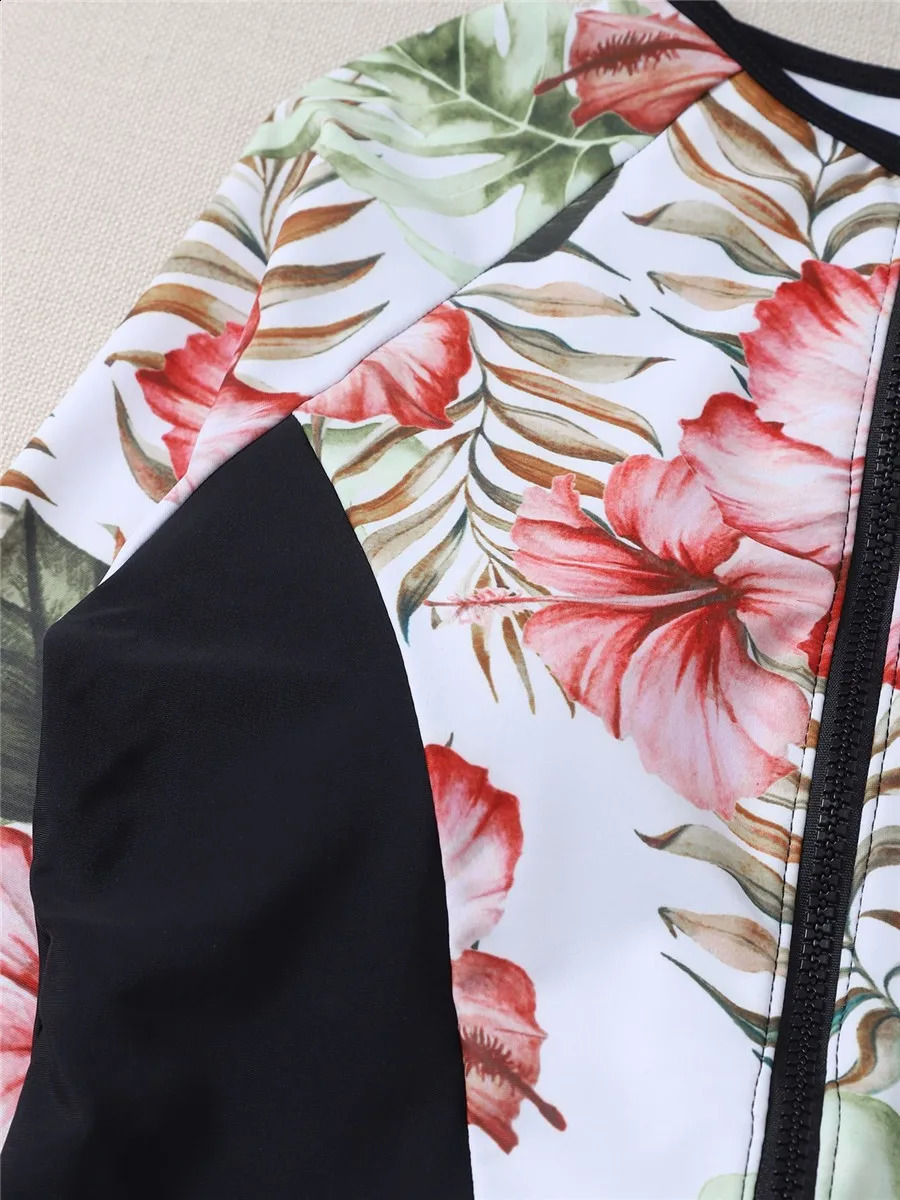 Floral print surfing swimsuit womens 2023 zipper long sleeved onepiece Bathers Rashguard sports diving suit 250312