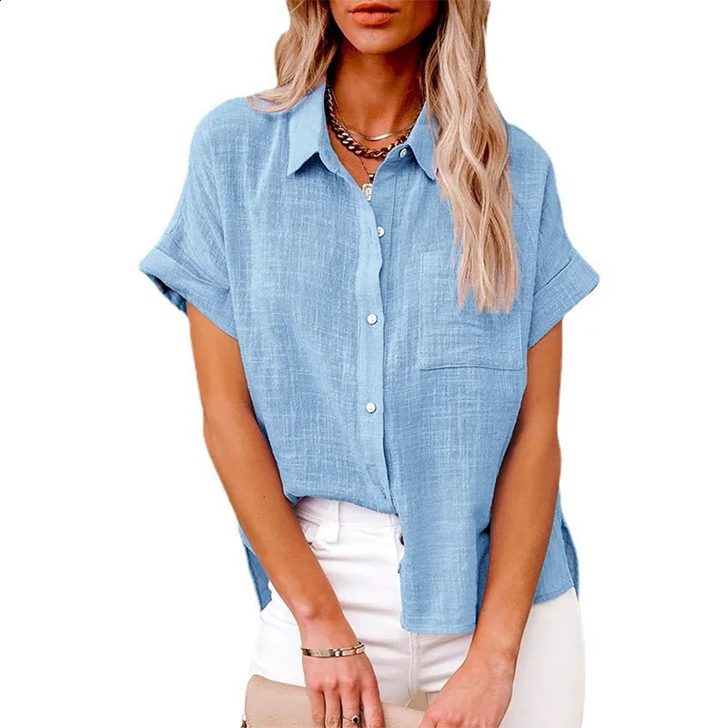 Summer womens plain linen pocket shirt casual short sleeved OL sports loose top LRFZ-6022 250318