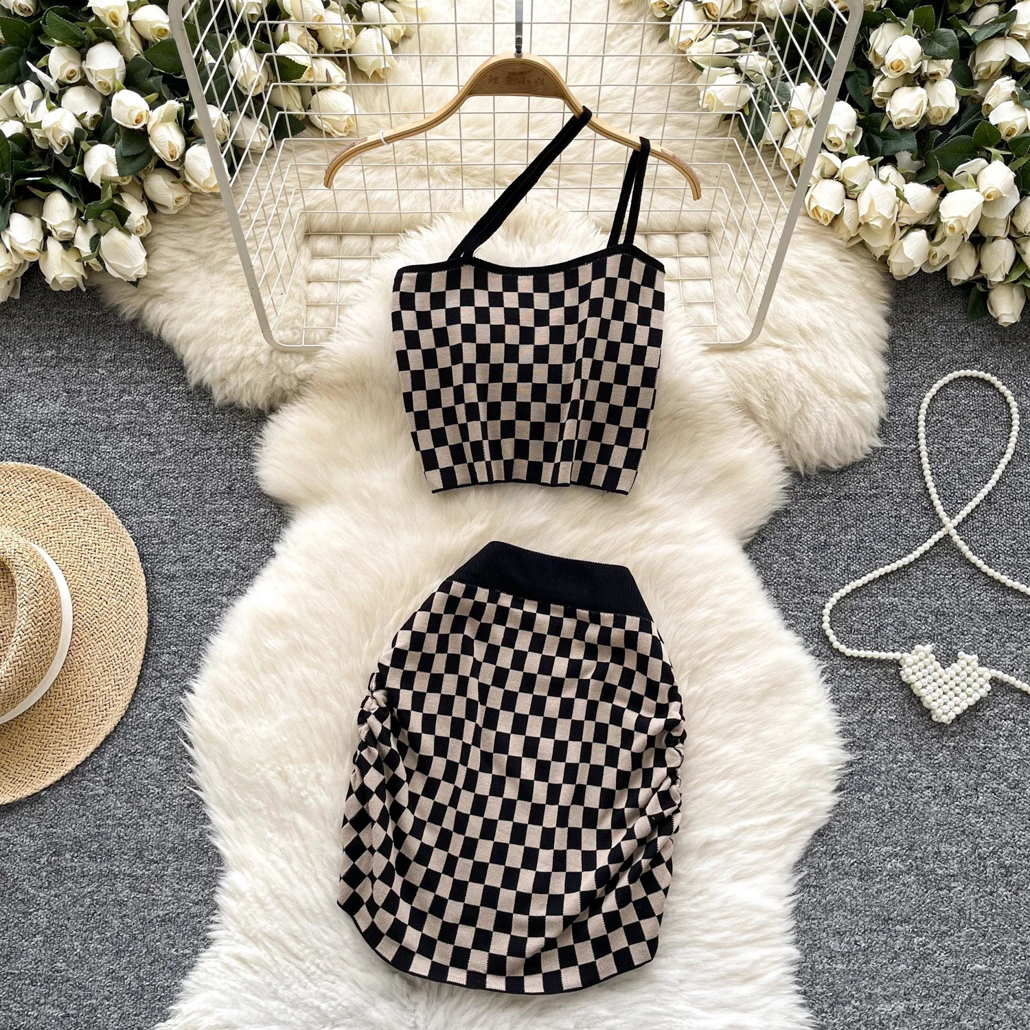 vacation style plain weave set for women strapless air mini tophigh waisted tight fitting dress fashionable casual knitted 250318