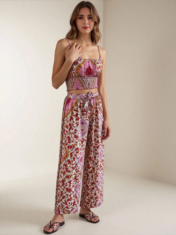 TRAFZA Summer Women Boho Two Piece Print Outfits Strap Sleeveless Tops High Waist Drawstring Trousers Holiday Beach Lady Sets 250319