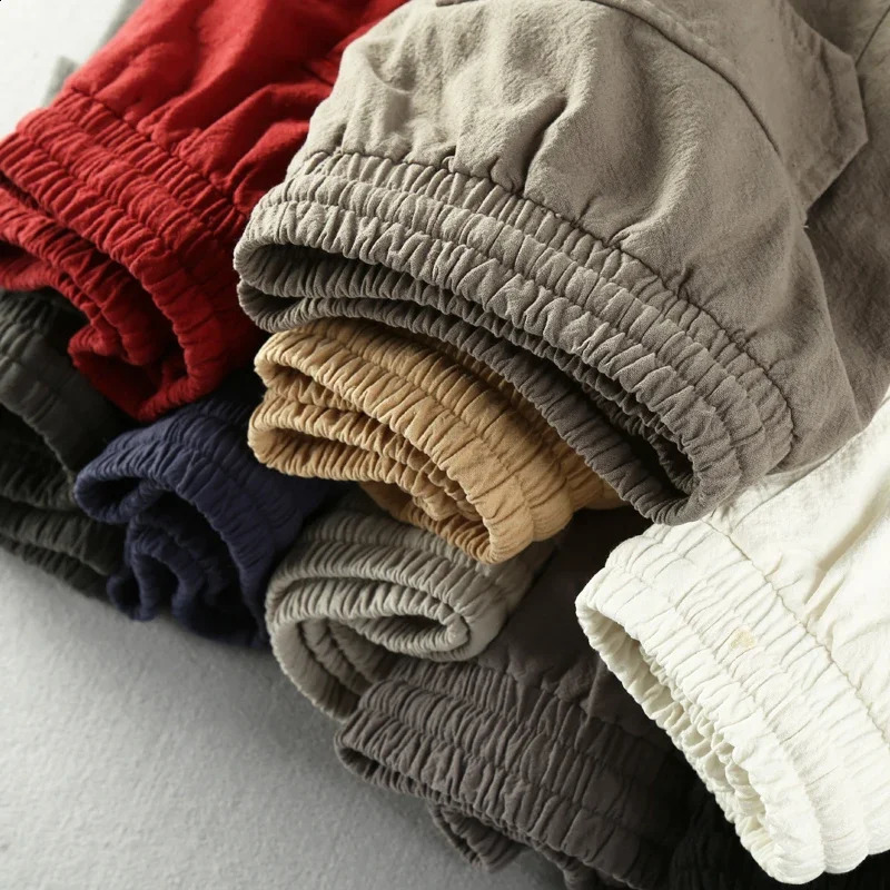 Schinteon Summer Men Casual Cotton Linen Shorts Knee Length Beach Elastic Waist Shorts Solid Color Comfortable Pants 250317