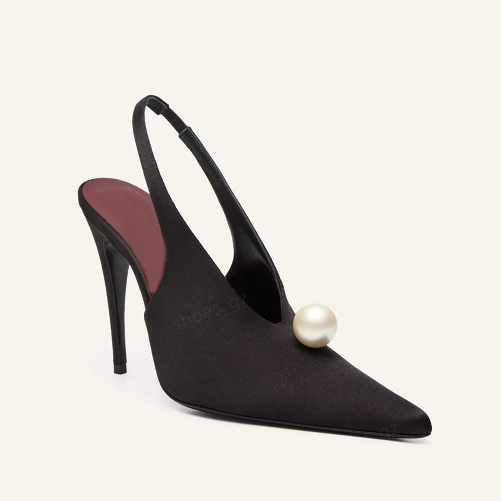 Magda Butrym Faux-Pearl flower Embellished satin Dress shoes Sandals heeled pumps Pointed Toes Slip-on designer high heel Women Evening Party Wedding 