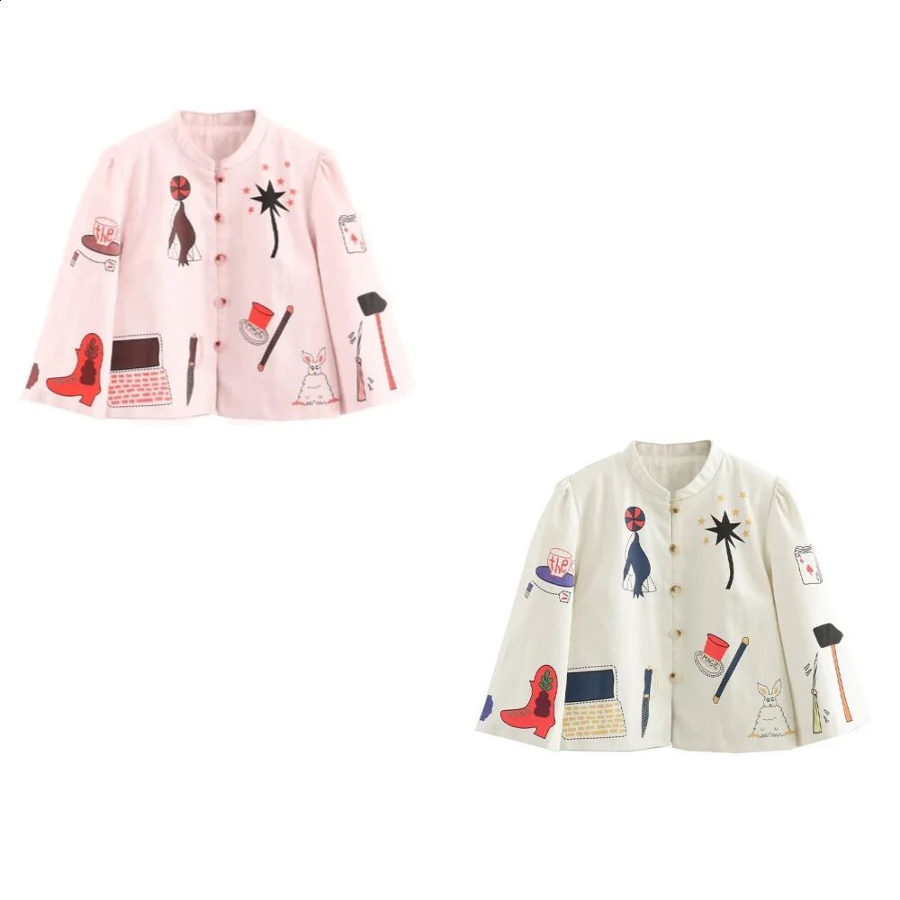 SpringSummer Cartoon Printed Baseball Womens Simple Round Neck Single Chest Casual Long Sleeve Jacket Coat 250317