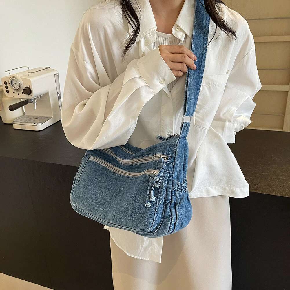 Women Denim Fashion Shoulder Adjustable Strap Casual Messenger Multi-Pockets Stylish Crossbody Outdoor Travel Bag