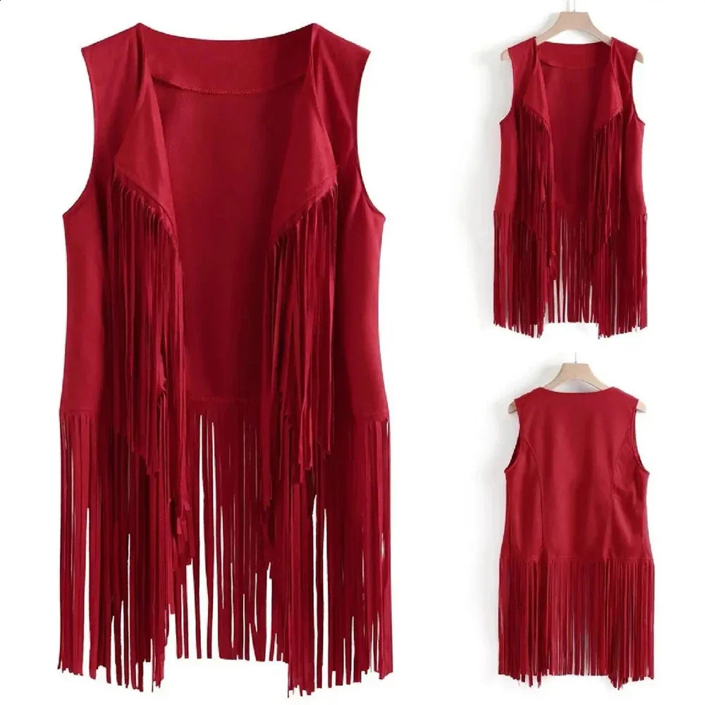 Womens tassel vest retro ethnic synthetic suede sleeveless jacket long edge 70s hippie cardigan party 250319