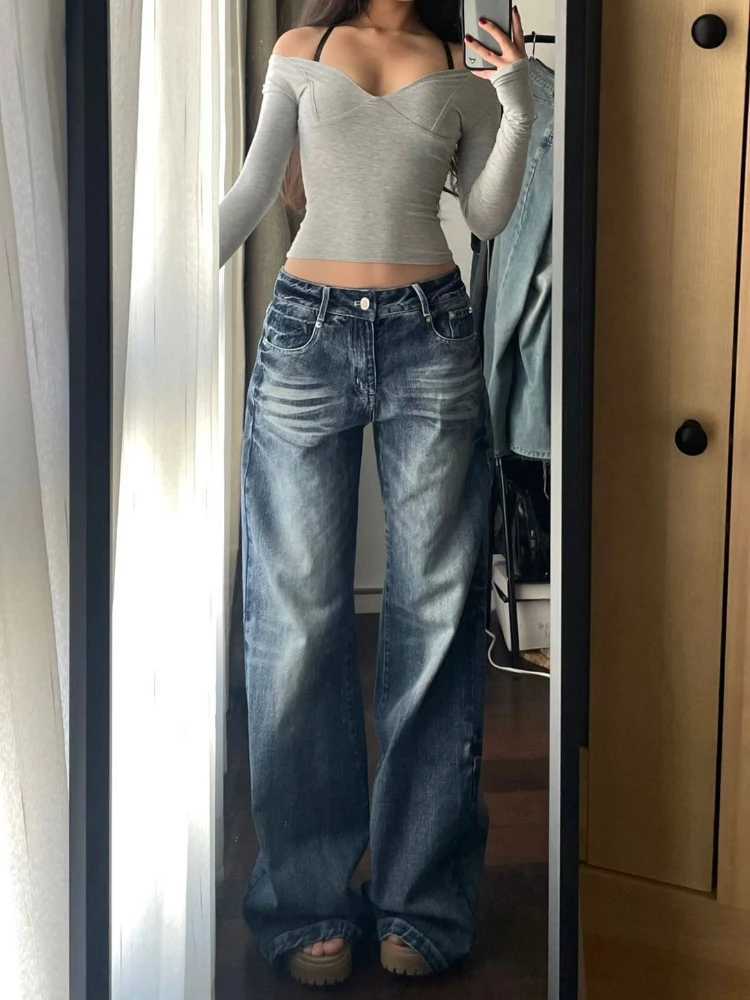 HOUZHOU Y2K retro bagged wide leg womens jeans washed casual high waisted loose denim pants streetwear Korean Flared TrousersT250319