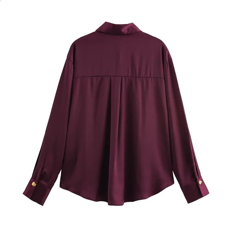 Womens pure satin shirt with gold buttons long sleeved loose top 250319