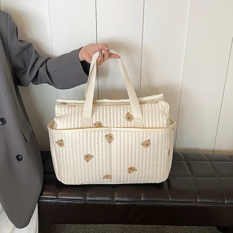 Korean Style Diaper Bag Large Capacity Portable Baby Stroller Bag Organizer Embroidery Bear Olive Mommy Maternity Bag 250319