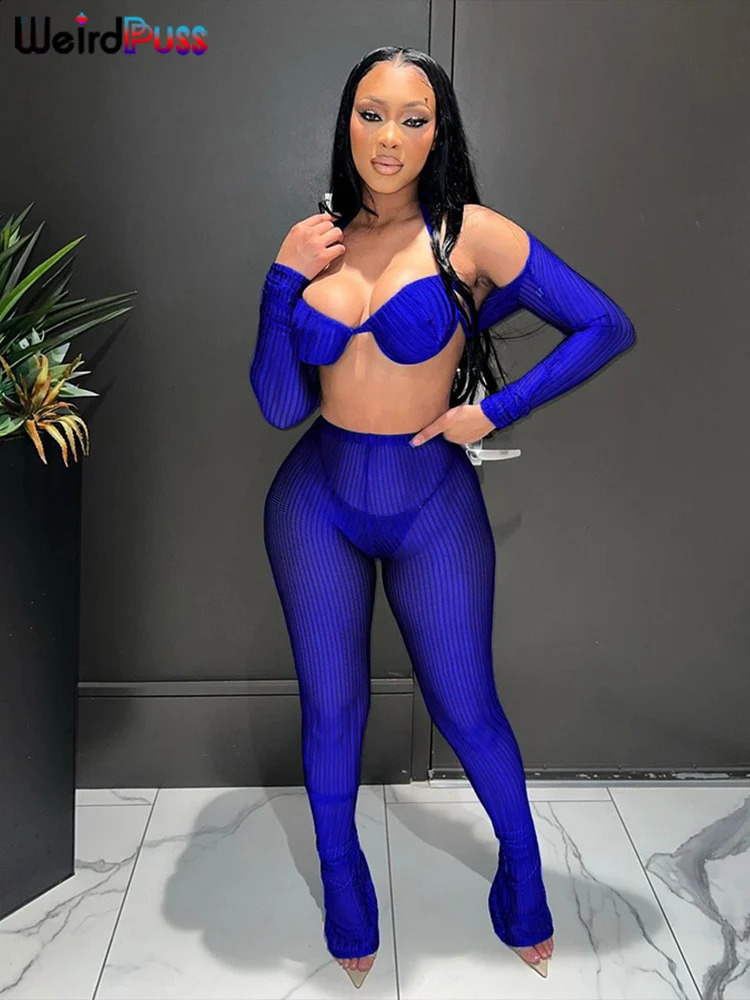 Weird Puss 3 Piece Set Women Tight Autumn Trend Spike Mesh Crop TopsBandage BraLeggings Matching Vacation Streetwear Outfits 250319