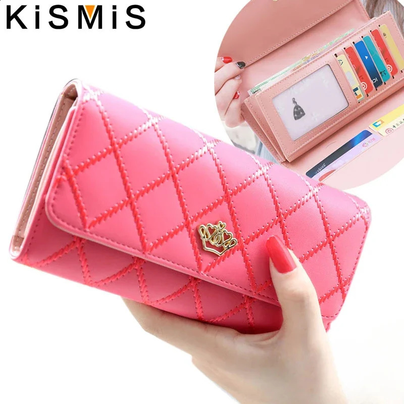 Womens Wallet Cute Pink Pocket Womens Wallet Plaid Pu Leather Long Wallet Buckle Phone Bag Coin Pocket 250318