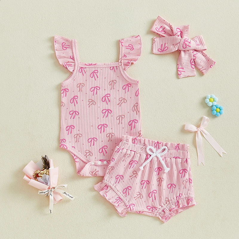 Preschool girl floral jumpsuit with pleated sleeves elastic waistband shorts and matching headband 3 pieces for summer 250319