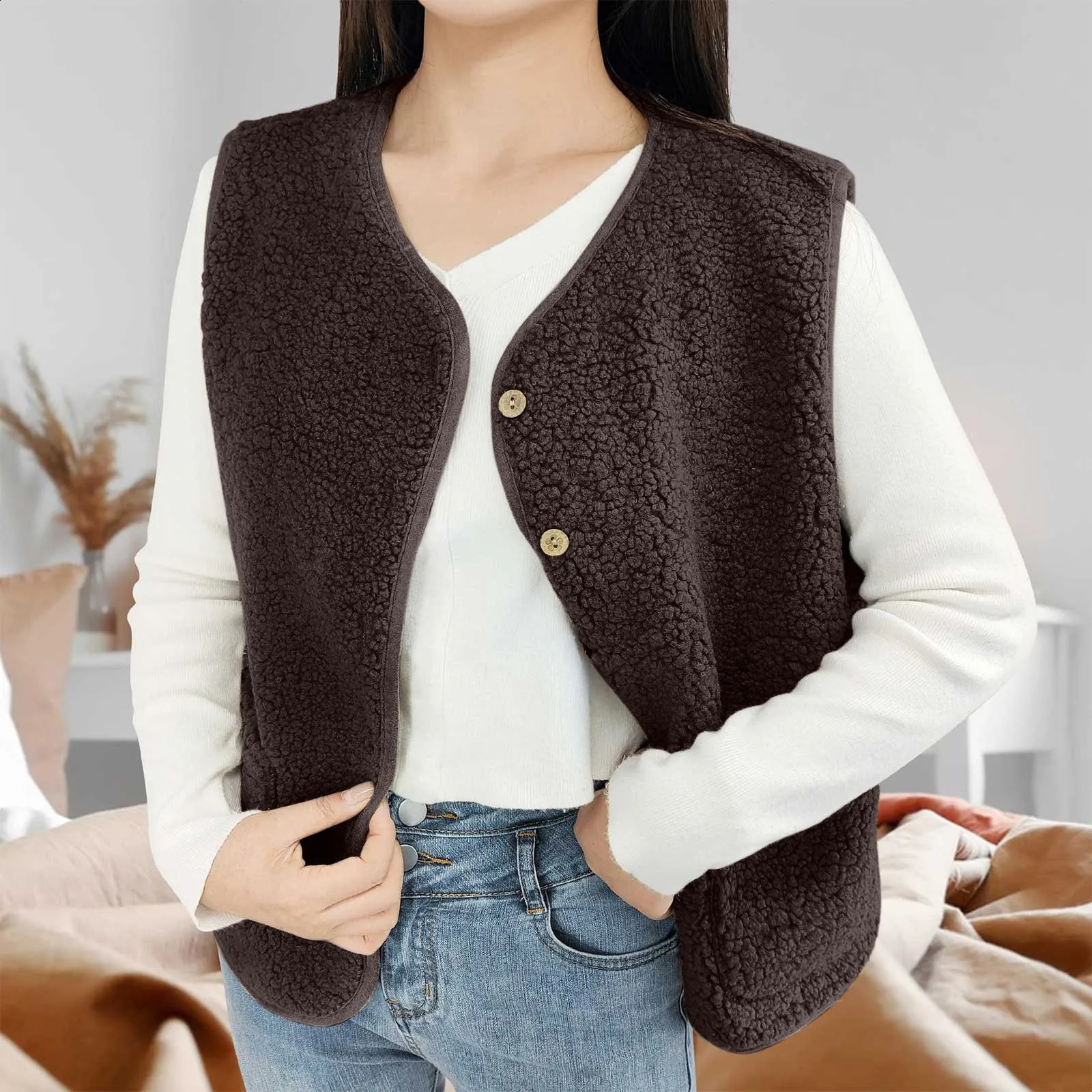 Womens Teddy Velvet Vest Autumn Thin Sleeveless Jacket Flat Knitted Short Loose Wool 250319