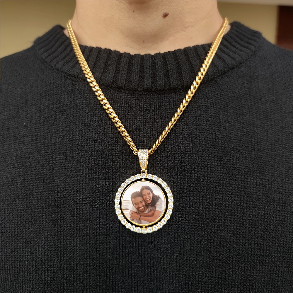 Custom Rotating Double Sides Po Medallions Pendant Necklace Iced out Circle Po Chain Pendant Couple Valentines Day gift 250318