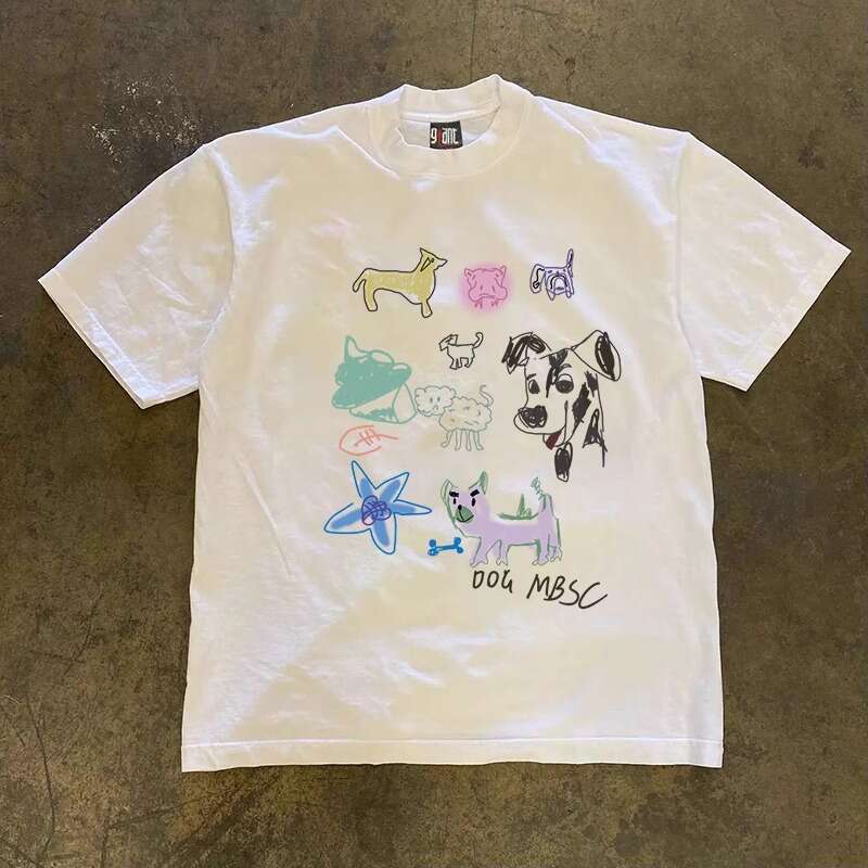 American oversized pure cotton hand-painted cat and dog graffiti couple style women's loose short T-shirt men's half sleeved shirt