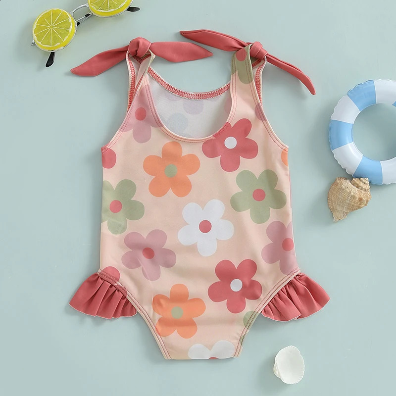 1-6T Toddler Girl Rash Guard Swimsuit Floral/Bowknot Print Sleeveless Tie Up Bathing Suit Beach Holiday Swimwear 250319