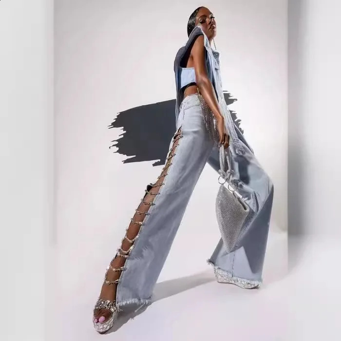 High waisted ripped womens summer thin side seam jeans denim long with diamond chain straight wide leg 250317