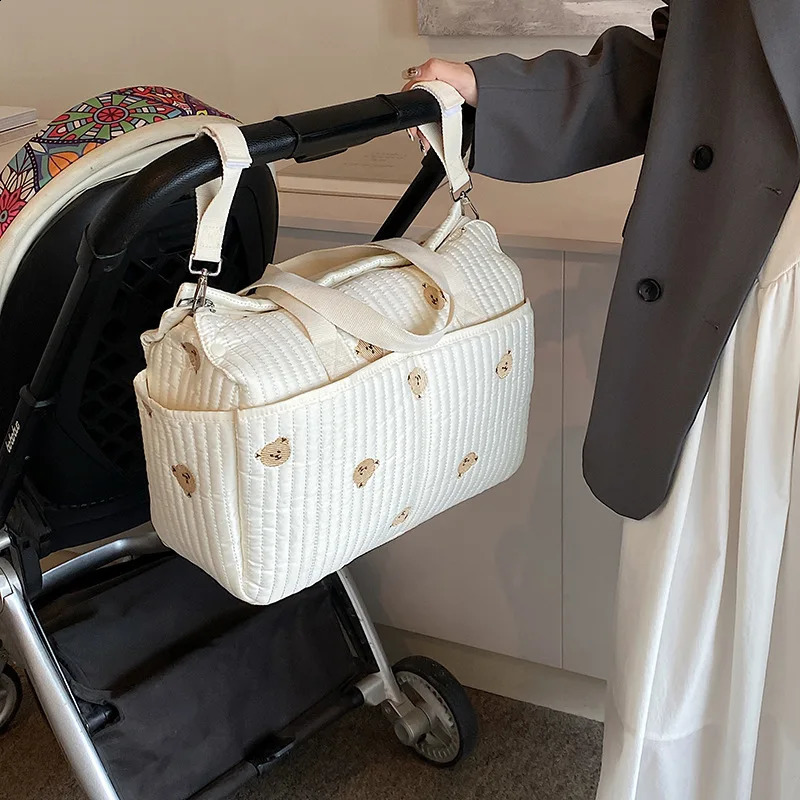Korean Style Diaper Bag Large Capacity Portable Baby Stroller Bag Organizer Embroidery Bear Olive Mommy Maternity Bag 250319