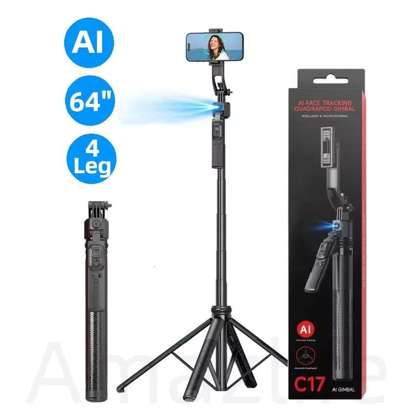 64" Four Legs 360 Degree Smart Automatic Rotation Selfie Stick AI Auto Face Tracking Tripod for TikTok Live Streaming