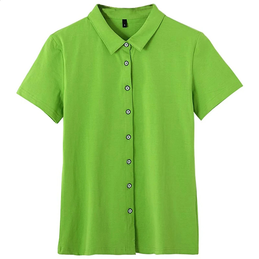Polo shirt short sleeved T-shirt womens summer shirt lapel cardigan T-shirt solid color slim fit top womens work clothes 250318