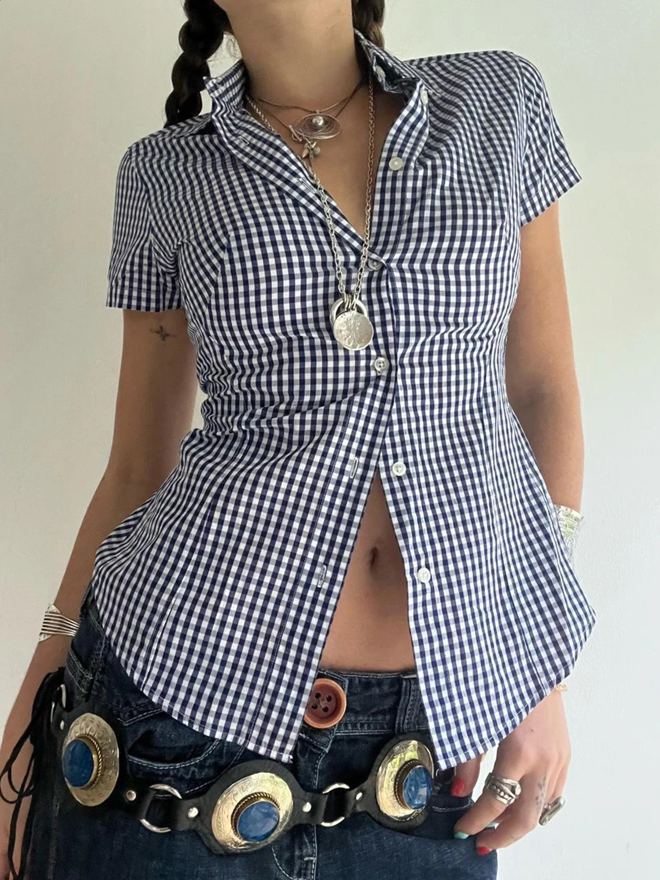 Sweetown American Retro Casual Short Sleeve Plaid Shirts For Women Button Up Turn Down Collar Summer Spring Preppy Tops 250319