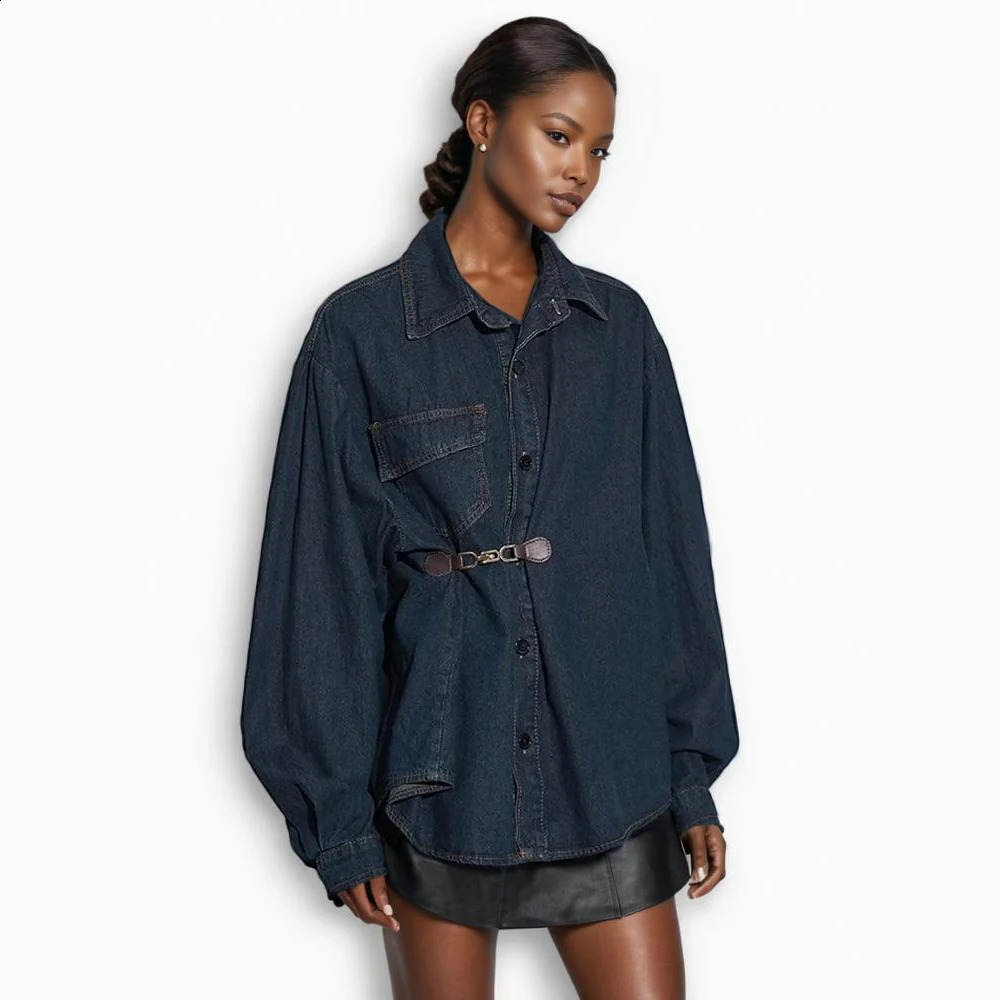Solid splicing work metal casual denim jacket for women featuring a lapel collar long sleeved patchwork pockets minimalist loose fit and womens style 