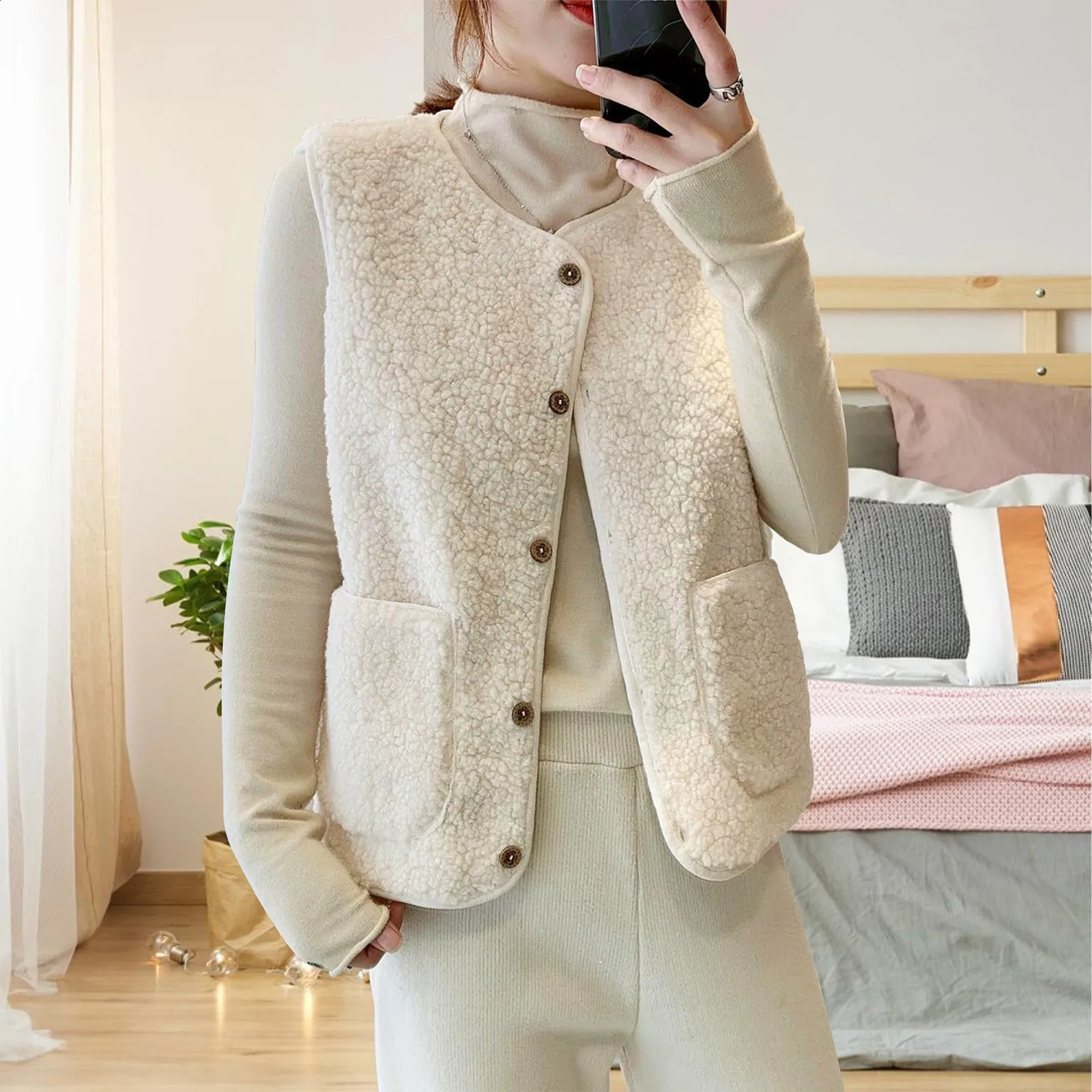 Womens Teddy Velvet Vest Autumn Thin Sleeveless Jacket Flat Knitted Short Loose Wool 250319