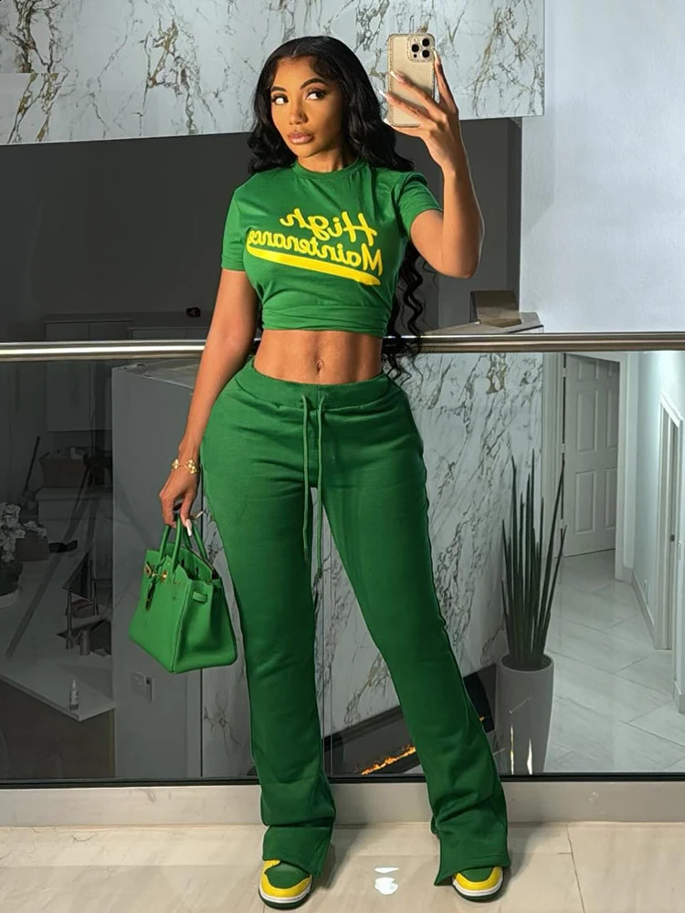 Weird cat casual womens track and field clothing 2piece set with letter printing short sleeved crop topmens street elastic 250319