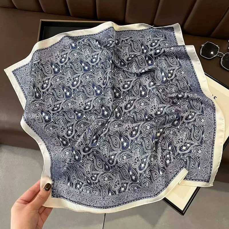 Square Scarf 70cm navy blue waist flower print silk gauze collar tie bag ribbon headscarf womens collar scarf gift X250319