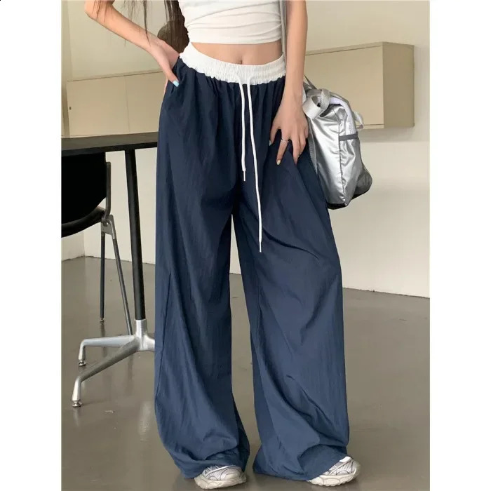 style color block elastic waist loose wide leg casual pants for womens summer texture curtains straight long fashion 250318