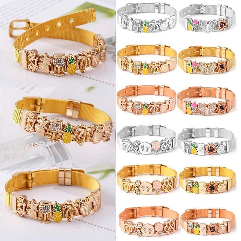 DIY 10mm Adjustable Stainless Steel Mesh Bracelet With Feet Coconut Tree Beads Charm Brand Bracelet For Women Men Jewelry Gift