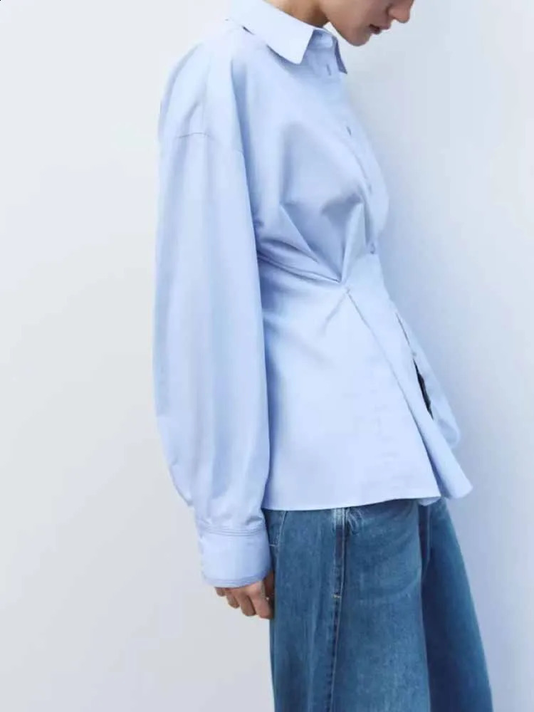 European and American style womens spring fashion Versatile waist button decoration Oxford collar shirt top 250319