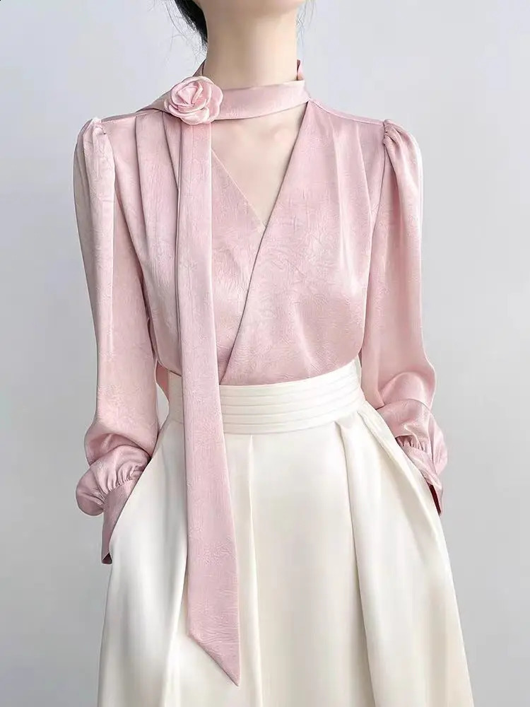 2025 Ladies Clothes French Elegance Rose Bow LongSleeve Blouse Womens Chic SpringAutumn Top Satin High Quality Clothing 250319