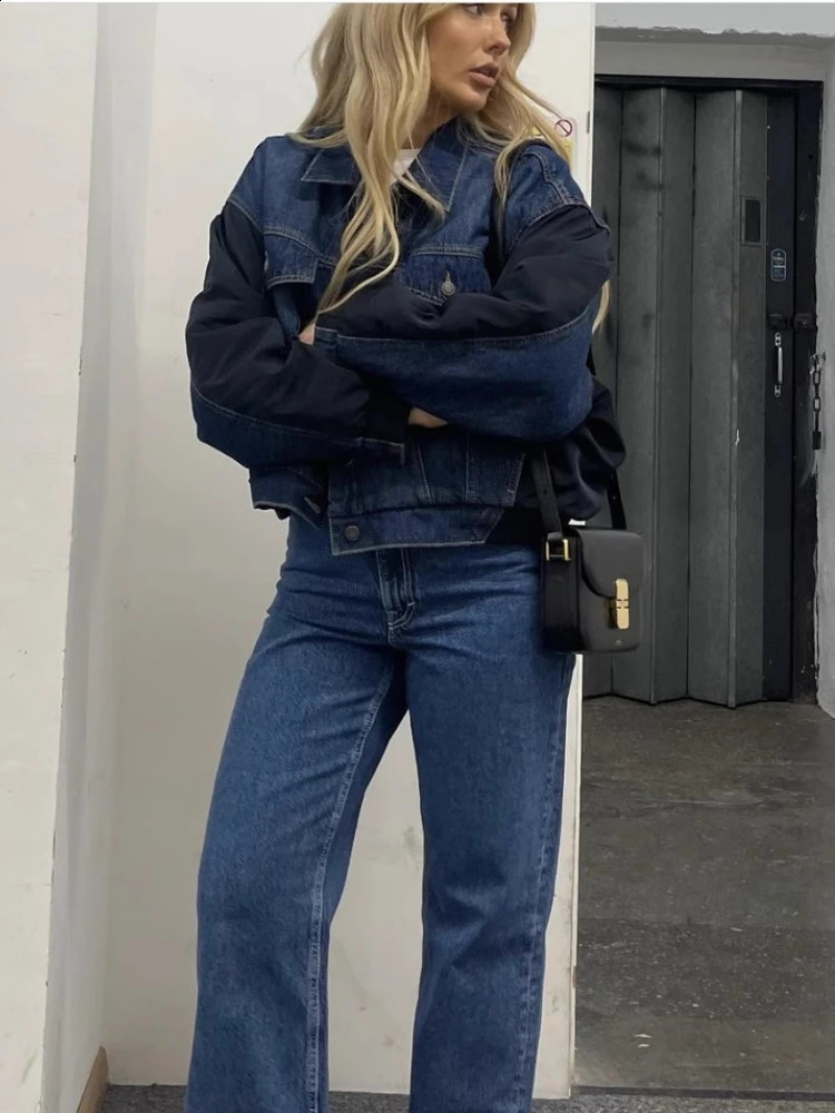 ZBZA Womens Retro Patchwork Denim Jacket with Collar Long Sleeve Single Chest Short Bomber Fashion 250319