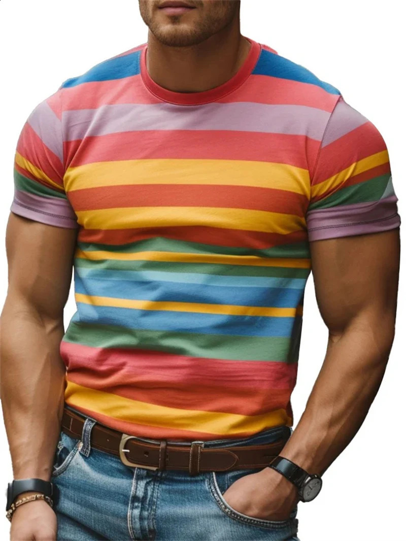 Mens Retro Stripe 3D Printed T Shirt Summer Casual Short Sleeve Fashion Crew Neck Tshirt Loose Breathable Sports Tees Pullovers 250319